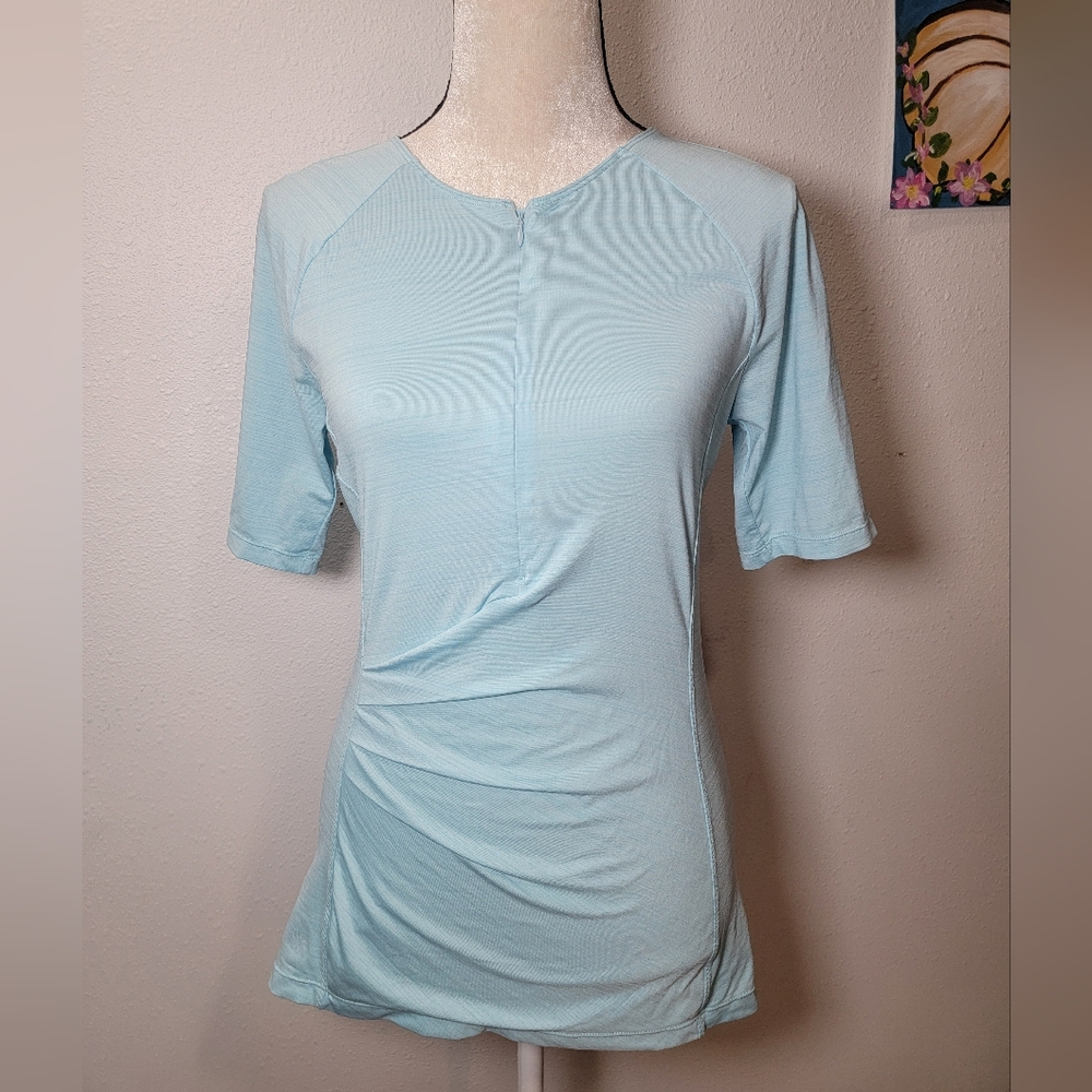 Athleta 3/4 Sleeve Zip Side Ruching Pocket Yoga Top Light Blue Active Top Sz MT